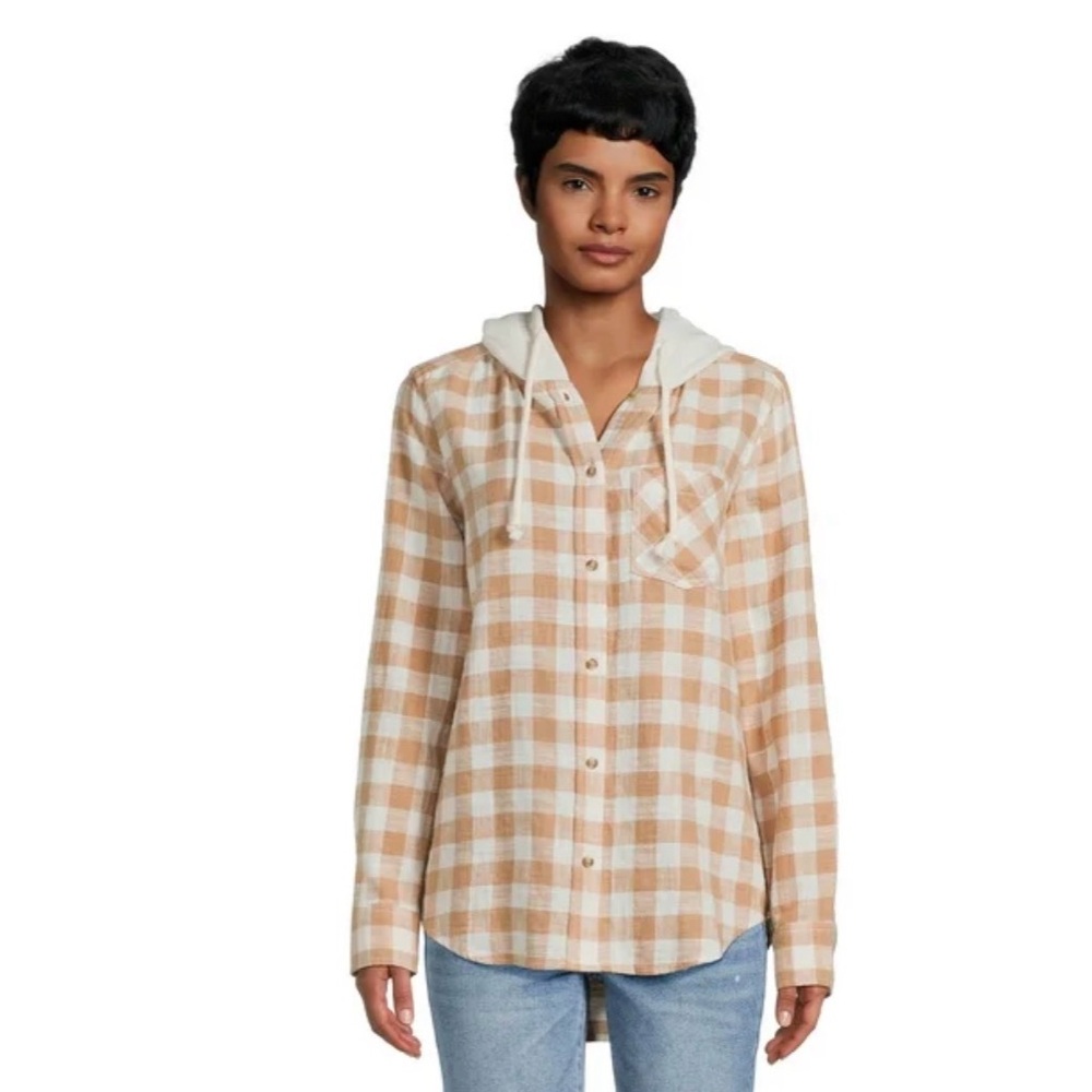 Time and Tru Brown Acorn Button-Up Hooded Flannel Shirt